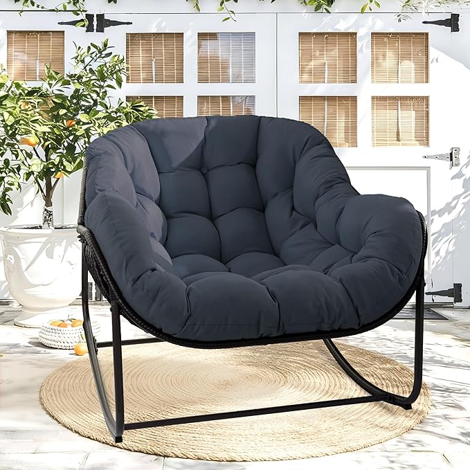 Papasan Rocking Chair Indoor & Outdoor, Oversized Egg-Shaped Papasan Rocker with Cushion & Pillow, All-Weather Wicker Patio Lounge Chair for Garden, Porch, Living Room (Dark Blue)