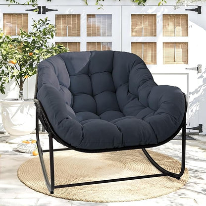 Papasan Rocking Chair Indoor & Outdoor, Oversized Egg-Shaped Papasan Rocker with Cushion & Pillow, All-Weather Wicker Patio Lounge Chair for Garden, Porch, Living Room (Dark Blue)