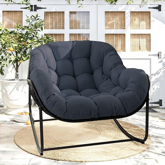 Papasan Rocking Chair Indoor & Outdoor, Oversized Egg-Shaped Papasan Rocker with Cushion & Pillow, All-Weather Wicker Patio Lounge Chair for Garden, Porch, Living Room (Dark Blue)