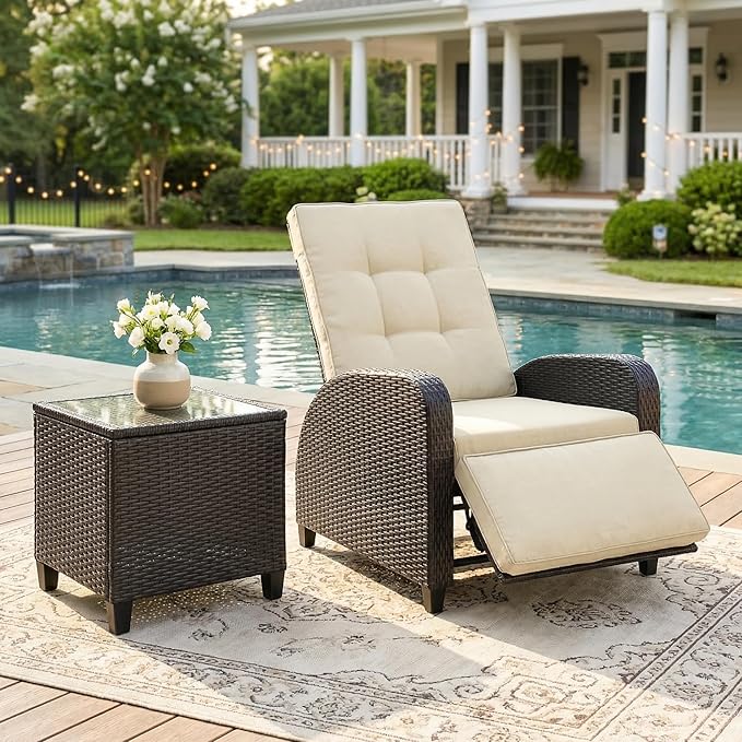 Green4ever Outdoor Patio Recliner with Adjustable Backrest and Footrest, All-Weather Wicker Patio Chair with Side Table - Photo 1