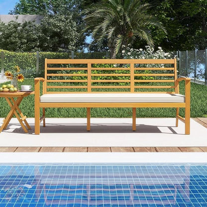 RELAX4LIFE 64’’ Outdoor Bench Acacia Wood - 3-Seat Patio Bench w/Slatted Backrest, Armrests & Seat Cushion, Extra Long Front Porch Bench for Park Poolside Yard, 1200LBS Capacity, 3-Person Garden Bench