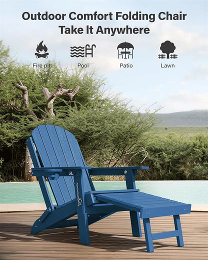 YEFU Folding Adirondack Chair with Footrest: Adjustable Adirondack Chairs with Retractable Ottoman - Sturdy HDEP Plastic with Cup Holder - All Weather for Outdoor/Patio/Fire Pit/Outside/Pool(Blue)