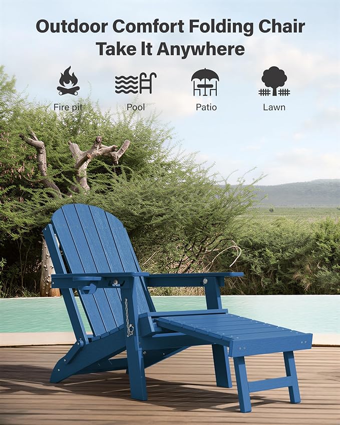 YEFU Adirondack Chair with Retractable Ottoman: Adjustable Folding Adirondack Chairs with Cup Holder - HDPE Plastic Outdoor Fire Pit Chairs Set of 6 - All Weather for Patio/Firepit/Outside/Pool(Blue)