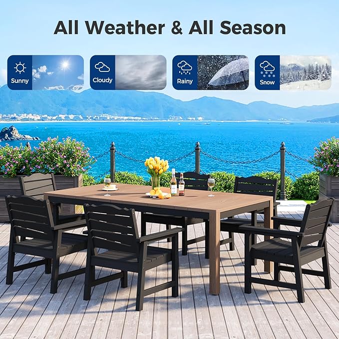 Outdoor Dining Table, Weatherproof 63" Rectangle HIPS Patio Dining Table for 6, with 2" Umbrella Hole, Outdoor Table for Backyard Deck Poolside, Teak