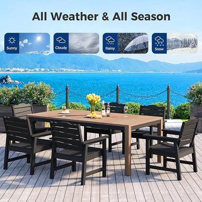 Outdoor Dining Table, Weatherproof 63" Rectangle HIPS Patio Dining Table for 6, with 2" Umbrella Hole, Outdoor Table for Backyard Deck Poolside, Teak