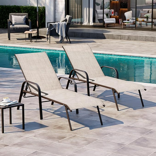 Crestlive Outdoor Chaise Lounge Chair,5-Position Pool Lounge Chairs with Armrests Sunbathing Recliner for Patio,Beach,Deck,Yard (2PC Beige)