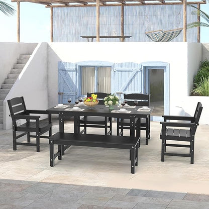 6-Piece HIPS Patio Dining Set, Outdoor Dining Table and Chairs Set with Umbrella Hole, Weatherproof Dining Table Set for 6 Person, Patio Furniture Set for Outside Deck, Black