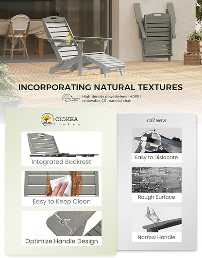 Ciokea Folding Adirondack Chair Set of 6 with Retractable Ottoman Fire Pit Patio Chair with Pull Out Foot Rest Weather Resistant Lawn Outdoor Chair with 2 Cup Holder (Grey)