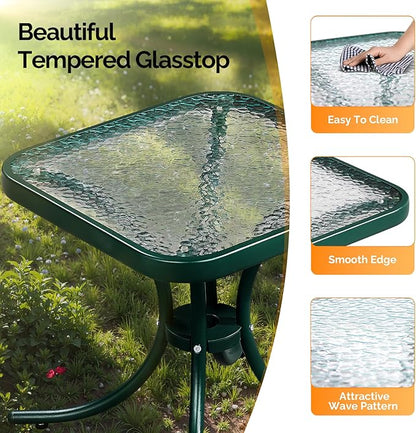 VINGLI Outdoor Side Table, 18" Patio Table Steel Frame Tempered Glass Top, Weatherproof Small Tables for Balcony Garden Poolside (Green, Square)