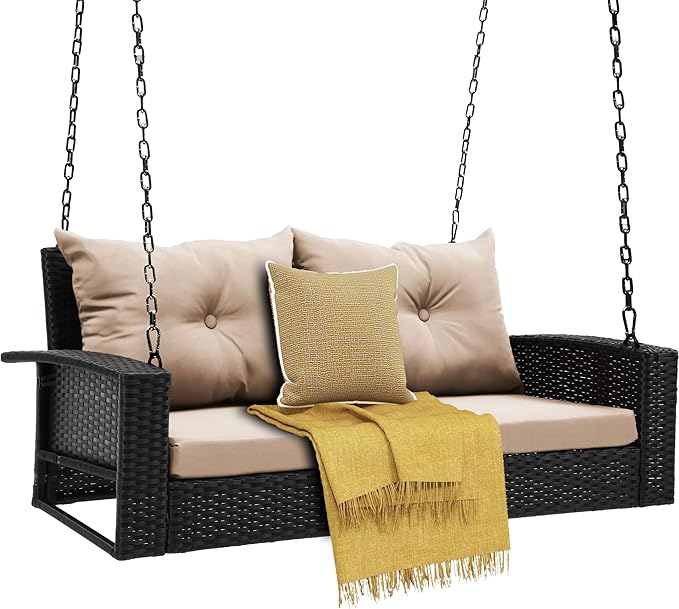 DWVO Hanging Porch Swing Chair Outdoor Wicker Rattan Patio Swing Lounge 2 Seats Cushions Capacity 530lbs for Balcony - Photo 7