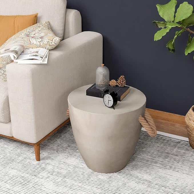 HOMPUS Concrete Outdoor Side Table Sets of, 2 Pieces Drum Accent Light Gray Modern End Table, Round Coffee Table with Rope Handle Garden Stool Decor for Garden, Indoor, Living Room
