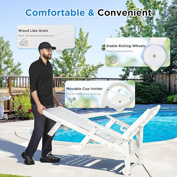 nalone Outdoor Chaise Lounge Chair Set of 2 with Wheels & Cup Holder, HDPE Pool Lounge Chairs with 5-Position Adjustable Backrest Supports Up to 400 LBS for Patio Poolside Deck Beach Backyard (White)