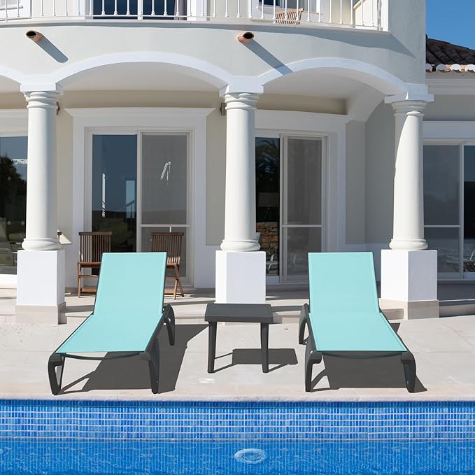 Outdoor Chaise Lounge 3 Pieces Aluminum Patio Lounge Chair with 5 Adjustable Position Recliner Chair Outside Tanning Chairs for Patio, Beach, Yard, Pool, Side Table Included (Lake Blue)