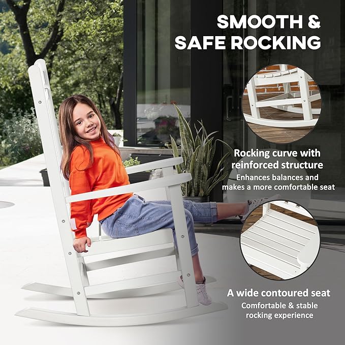 Outsunny 2 Pieces Outdoor Rocking Chair, All Weather-Resistant HDPE Rocking Patio Chairs with Rustic High Back, Armrests, Oversized Seat and Slatted Backrest, 350lbs Weight Capacity, White