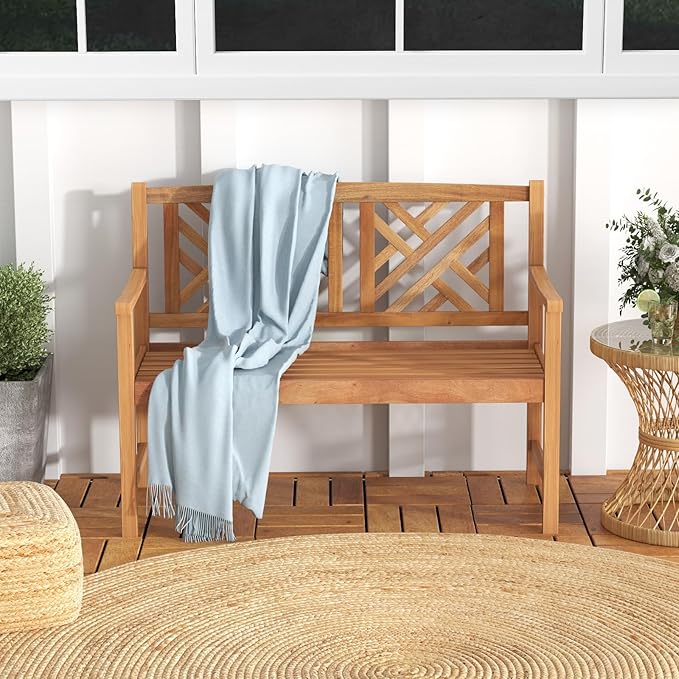 HAPPYGRILL Outdoor Wood Bench, 2-Seat Acacia Wood Loveseat Chair w/Slatted Seat & Patterned Backrest, 800 lbs Capacity, Patio Bench for Garden, Yard, Lawn