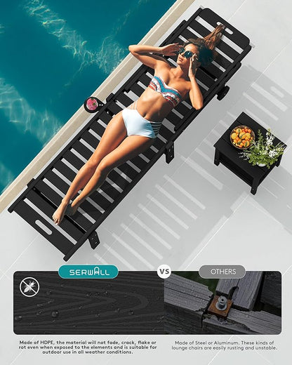 SERWALL Outdoor Chaise Lounge Set of 2, All-Weather HDPE Pool Lounge Chairs with 5-Position Adjustable Reclining Backrest, Rolling Wheels & Cup Holder for Poolside, Black