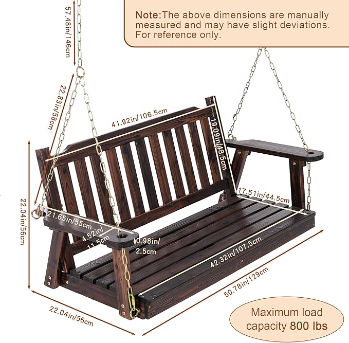 Anraja Wooden Porch Swing 2-Seater Bench Swing with Hanging Chains Heavy Duty 800 LBS for Outdoor Patio Garden Yard - Photo 3