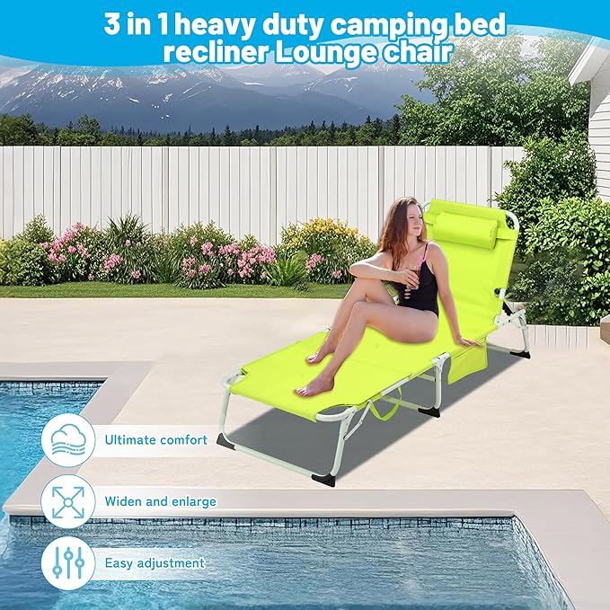 3-in-1 Oversized Sun Tanning Chair with Mat & Face Hole, Heavy Duty Folding Chaise Lounge - 5-Position Adjustable Outdoor Chair for Beach, Pool, Patio, Lawn, Yard - Includes Pillow (Green)