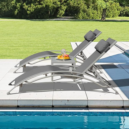 Domi Pool Lounge Chairs Set of 3, Adjustable Aluminum Outdoor Chaise Lounge Chairs with Metal Side Table, All Weather for Deck Lawn Poolside Backyard -Dark Grey Textilene
