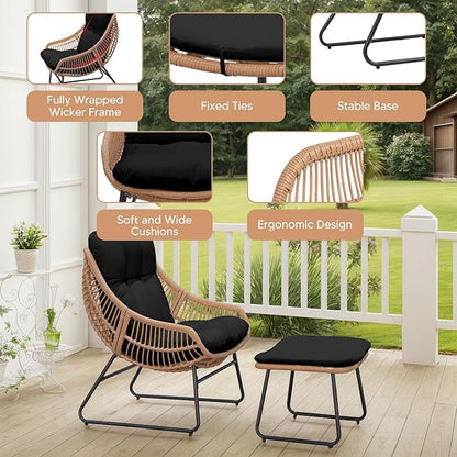 PROHIKER Outdoor Chaise Lounge Chair Set, Indoor Wicker Papasan Egg Chair with Thick Cushion, Ottoman and Table, Oversized Rattan Reading Lounge Recliner for Living Room Patio Yard, Black