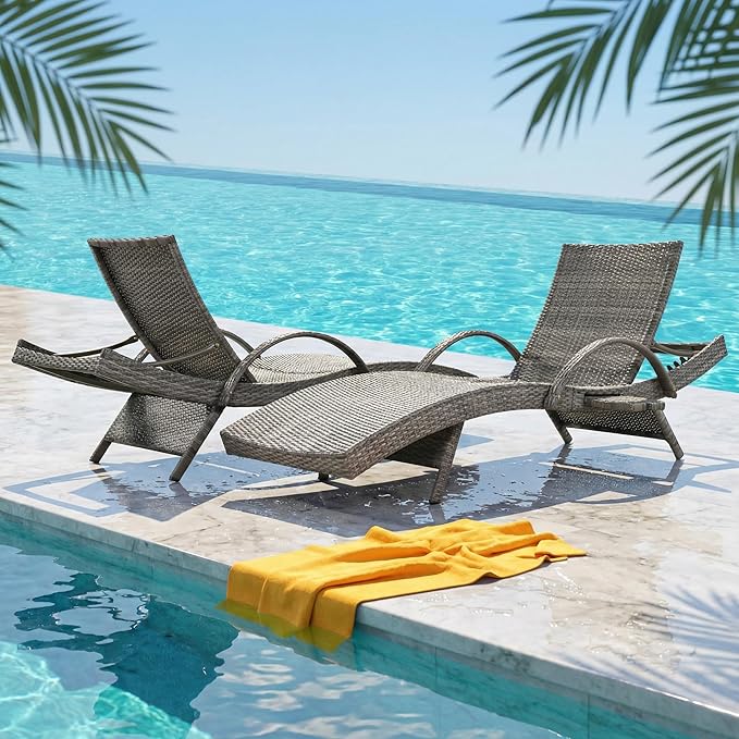 OVENTA Outdoor Wicker Patio Chaise Lounge Chair Set of 6, Gray Rattan Pool Furniture Lounger for Outside Poolside Lounges, Jumbo Co Chaise Lounge Chairs, Wicker Patio Pool Furniture