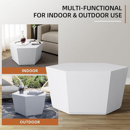 UPHA 28" Hexagon Outdoor Coffee Table, Modern Hollow Concrete Patio Table, Small Minimalist Low Accent Table for Living Room, Balcony, Deck, Backyard, Pure White