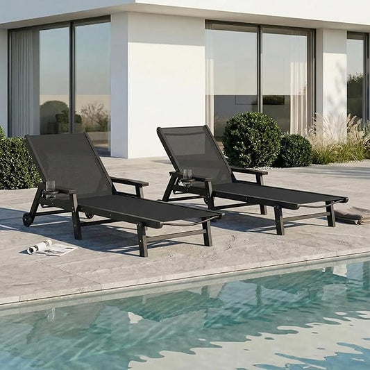 Patio Chaise Lounge Chair with Wheels & Cup Holder, HDPE Textilene Outdoor Lounge Chair 5 Positions Adjustable for Poolside Deck Patio Backyard (2, Grey Frame, Black Textilene)