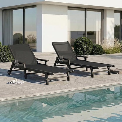 Patio Chaise Lounge Chair with Wheels & Cup Holder, HDPE Textilene Outdoor Lounge Chair 5 Positions Adjustable for Poolside Deck Patio Backyard (4, Grey Frame, Black Textilene)