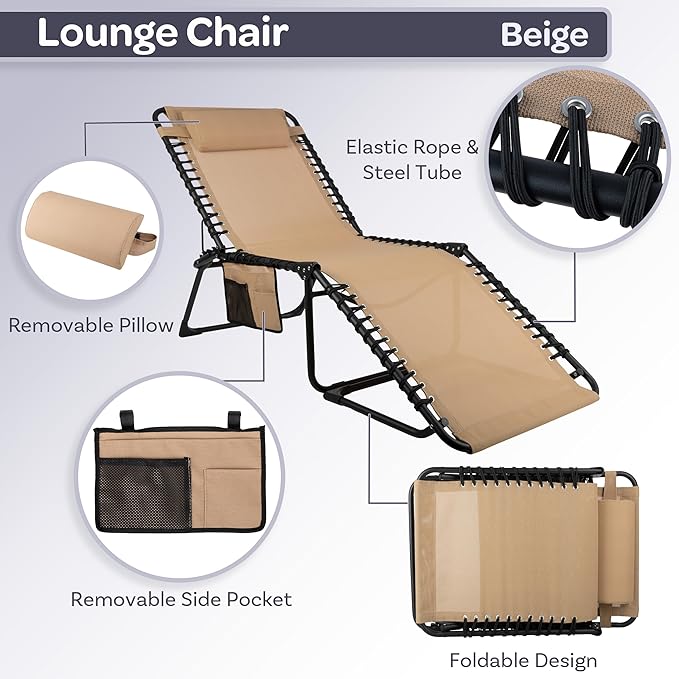 Folding Lounge Chair Outdoor Recliner - 3 Position Chaise Lounge Outdoor Beach Tanning Chair with Side Pocket and - Photo 4