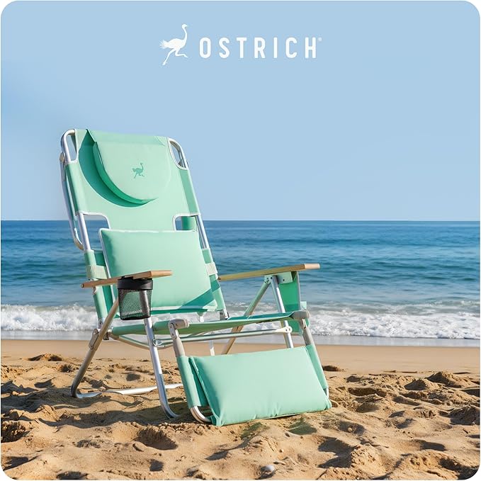 Ostrich the Deluxe 3N1 Reclining Lounge Chair, Folding Outdoor Lounger and Extra-Wide Beach Chair with Wooden Armrests and Face Hole, Teal