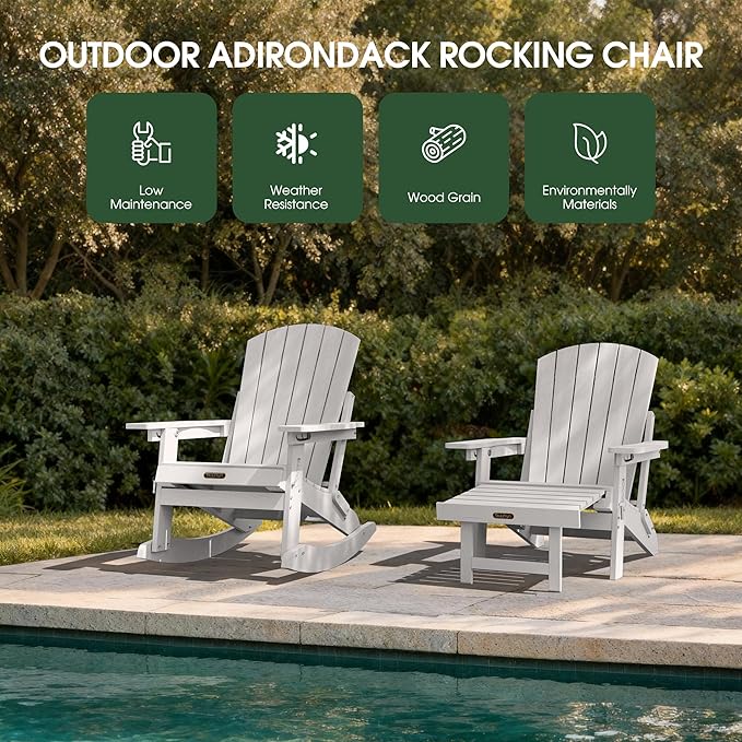 Adirondack Rocking Chair with Retractable Ottoman Set of 2, 4-in-1 Foldable Reclining Patio Chair, HDPE Wood-Look Outdoor Rocker for Porch, Garden & Poolside, White