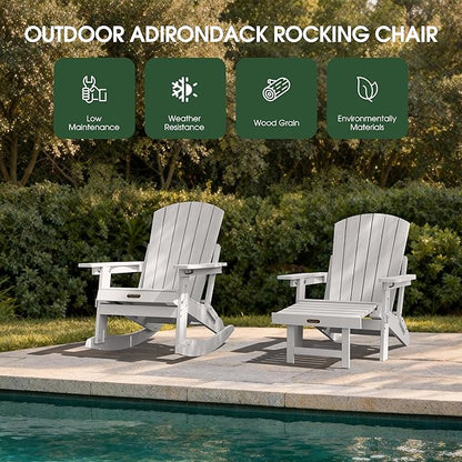 Adirondack Rocking Chair with Retractable Ottoman Set of 2, 4-in-1 Foldable Reclining Patio Chair, HDPE Wood-Look Outdoor Rocker for Porch, Garden & Poolside, White