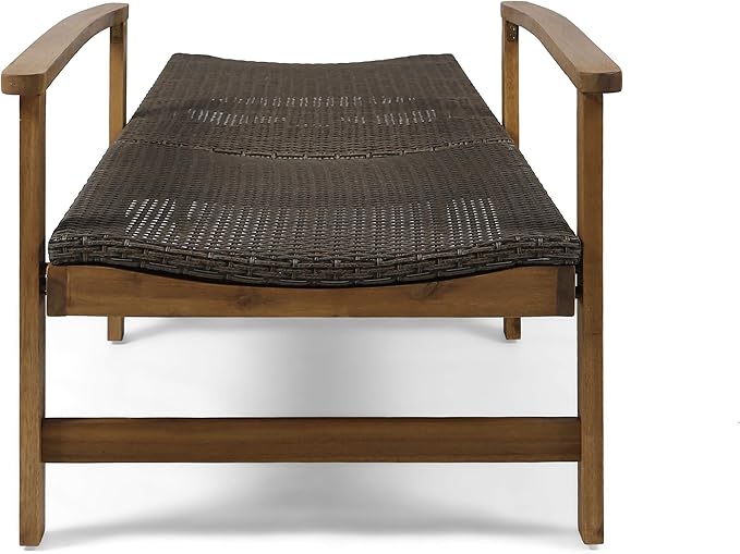 Great Deal Furniture Kyle Outdoor Rustic Acacia Wood Chaise Lounge with Wicker Seating, Natural and Mixed Mocha