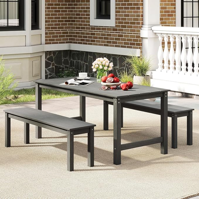 Tangkula HDPE Outdoor Bench, 2-3 Person Patio Bench, 55" Backless Garden Dining Bench with Slatted Seat, Weatherproof Park Bench for Entryway, Porch, Lawn & Backyard (Grey,1)