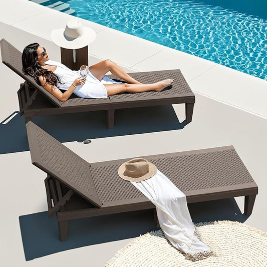 JUMMICO Patio Chaise Lounge Chair Set of 2 Outdoor PE Waterproof Adjustable Easy Assembly Lounge Chairs for Outside Pool Garden Deck Beach (Deep Brown, Set of 2)