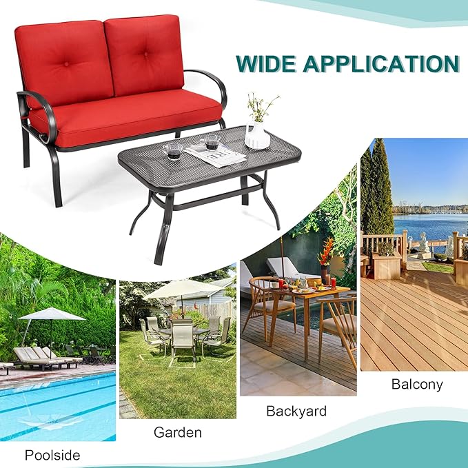 DORTALA 2-Piece Patio Furniture Set, Outdoor Indoor Loveseat and Coffee Table Set, Outdoor Sofa Metal Garden Bench with Soft Cushions, for Balcony, Lawn,Porch, Poolside, Red