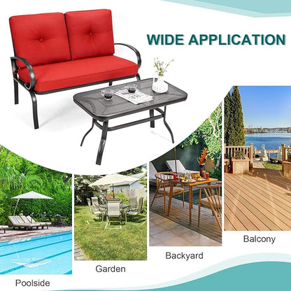 DORTALA 2-Piece Patio Furniture Set, Outdoor Indoor Loveseat and Coffee Table Set, Outdoor Sofa Metal Garden Bench with Soft Cushions, for Balcony, Lawn,Porch, Poolside, Red