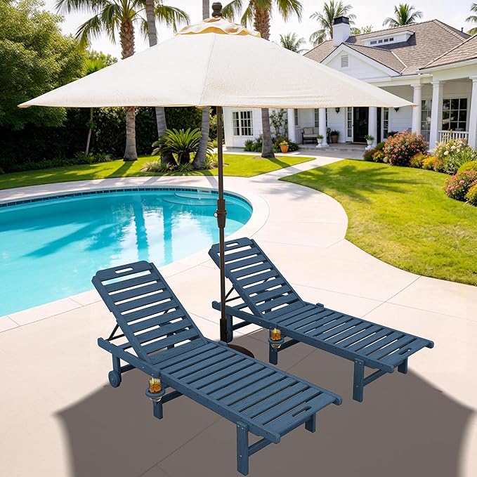 SERWALL Outdoor Chaise Lounge Set of 2 with 9FT Umbrella, HDPE Pool Lounge Chair with 5-Position Adjustable Backrest - Photo 10