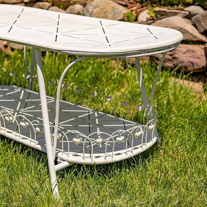 Zaer Ltd. Vintage Style Metal Patio Furniture with Heart Design Accents, Outdoor/Indoor Decor (Distressed White, Coffee Table)
