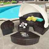 RELAX4LIFE Round Outdoor Daybed with Canopy, Rattan Wicker Sectional Sofa Set w/Cushions, Height Adjustable Table - Photo 2
