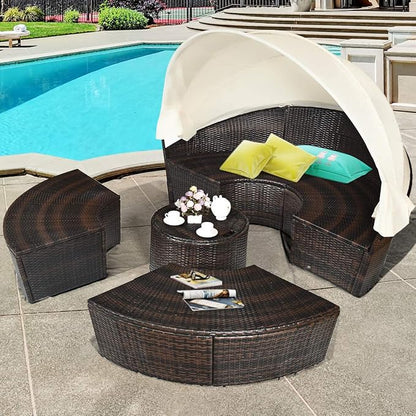 RELAX4LIFE Round Outdoor Daybed with Canopy, Rattan Wicker Sectional Sofa Set w/Cushions, Height Adjustable Table, Conversation Bed Lounger Separated Seating for Outside Pool, Patio Daybed (Off White)