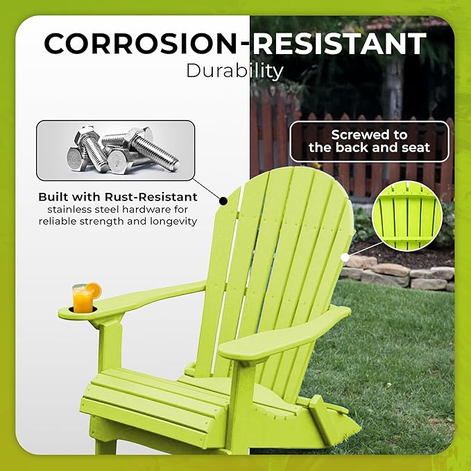 Ecommersify Folding Adirondack Chair with Cup Holder - (Tropical Lime Green) - Heavy Duty Recycled Poly Lumber Folding Chair - Amish Crafted Outdoor Furniture - Made in USA