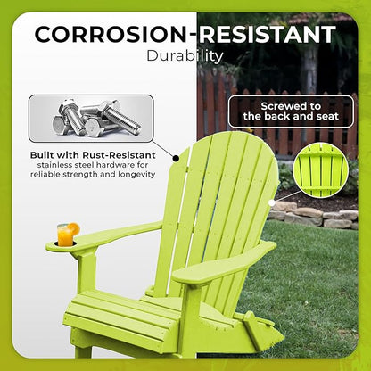 Ecommersify Folding Adirondack Chair with Cup Holder - (Tropical Lime Green) - Heavy Duty Recycled Poly Lumber Folding Chair - Amish Crafted Outdoor Furniture - Made in USA