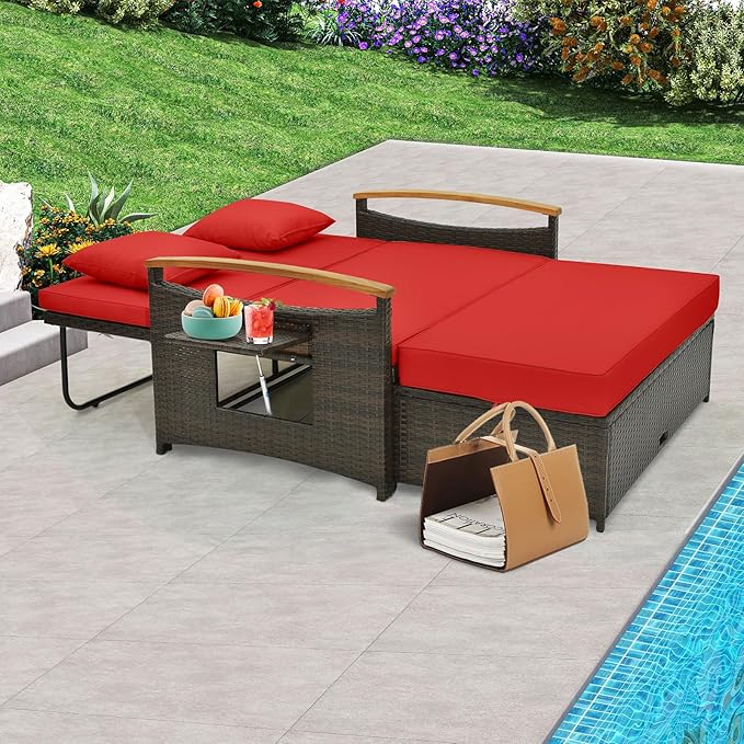 Tangkula Patio Rattan Daybed with 4-Level Adjustable Backrest, Outdoor Wicker Loveseat with Acacia Wood Armrest - Photo 3