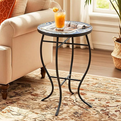 Side Table Outdoor, Mosaic Patio Table Plant Stand, 22" H Iron Coffee End Table,Weather Resistant Tile Top Metal Drink Bar Table for Indoor Garden Balcony Yard Bistro Balcony