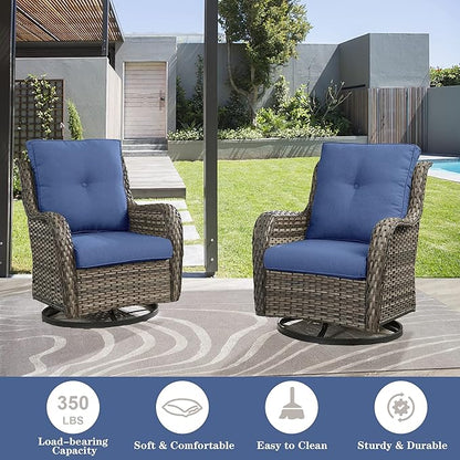 Belord Outdoor Swivel Chairs Set of 2,Patio Wicker Rocker Chairs with Ottomans, All Weather Patio Conversation Furniture Set, Ideal for Porch Balcony Deck Yard, Gray Wicker/Blue