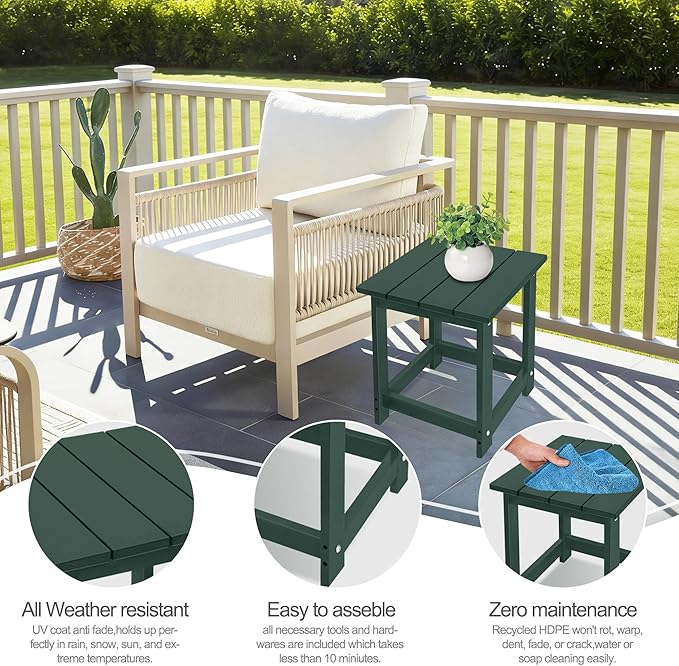 LZRS Adirondack Square Outdoor Side Table for Patio, Pool Composite Patio Table,HDPE End Tables for Backyard,Pool, Indoor Companion, Easy Maintenance & Weather Resistant(Dark Green)