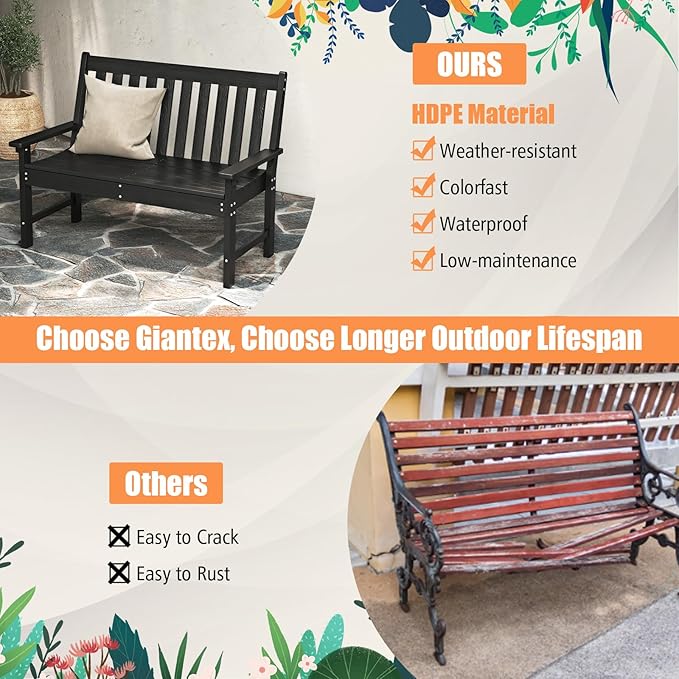 Giantex Outdoor Bench, 52-Inch Outside Bench All-Weather HDPE Park Bench with Backrest and Armrests - Photo 4