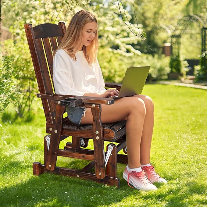 VINGLI Outdoor Glider Chair Wood Patio Glider with Cup Holder, Porch Glider with Smooth Rocking Mechanism, Heavy Duty 600 LBS, Rustic