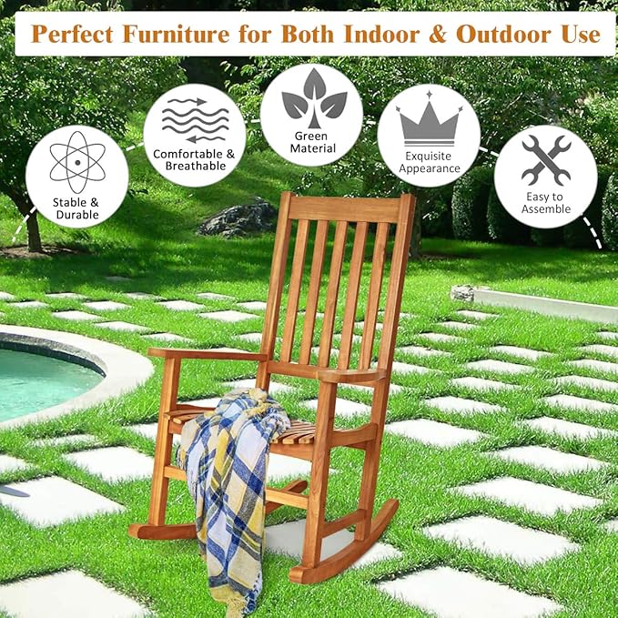 Giantex Rocking Chair Acacia Wood Frame, Porch Rocker Outdoor& Indoor for Garden, Lawn, Balcony, Backyard and Patio Porch Rocker (2, Natural)